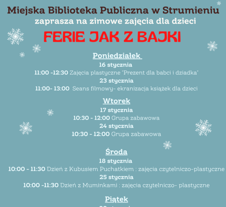 PLAN ZAJĘĆ PODCZAS FERII ZIMOWYCH